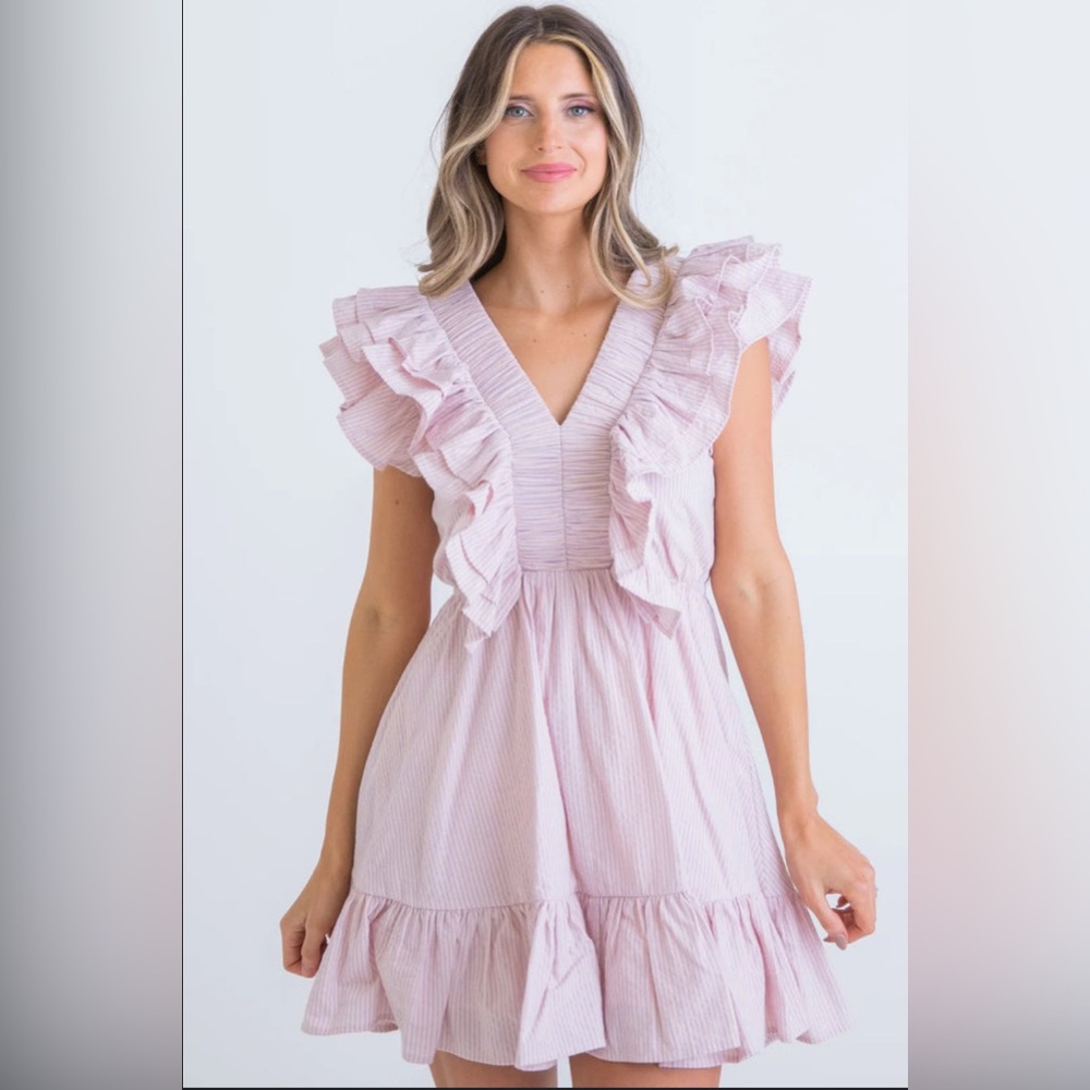 KARLIE stripe ruffle front seersucker dress